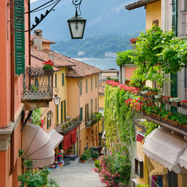Picturesque small town street view in Bellagio, Lake Como Italy